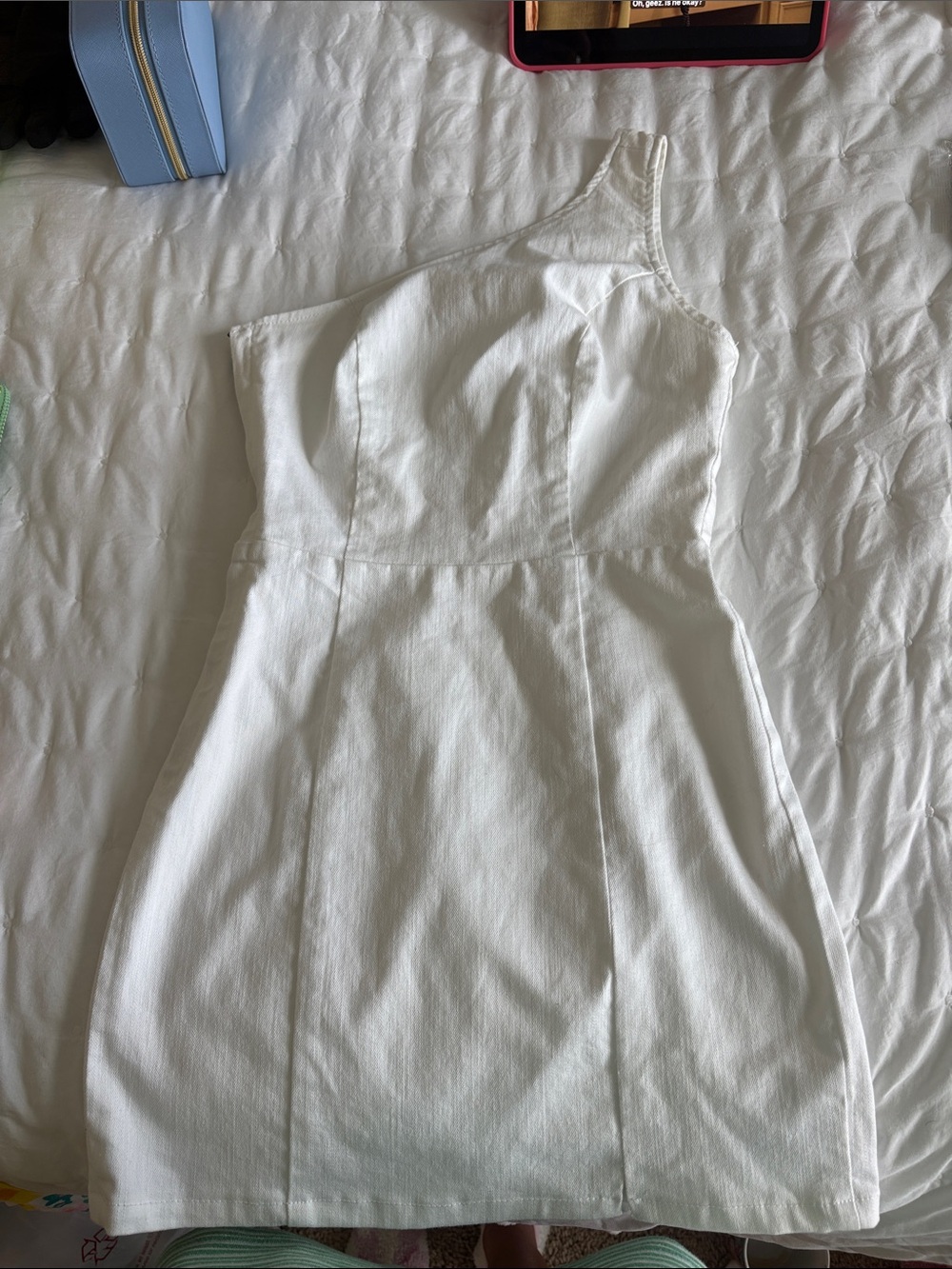 Denim One-Shoulder White Mini Dress